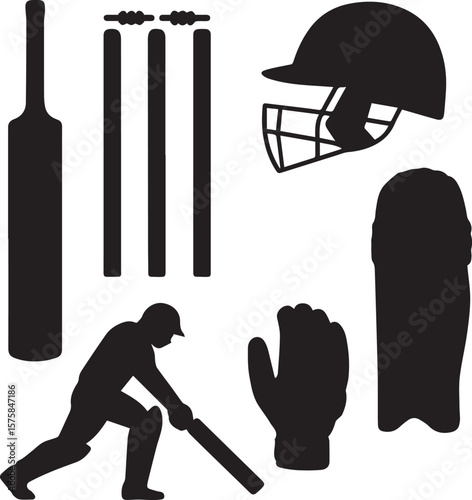 Illustration of cricket equipment including bat helmet wickets and player silhouette in black
