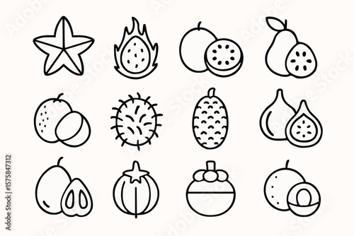 Set of minimal line art icons featuring tropical fruits like starfruit, dragon fruit, and pitaya. Perfect for healthy eating, exotic food designs, tropical cuisine, and minimalist vector illustrations