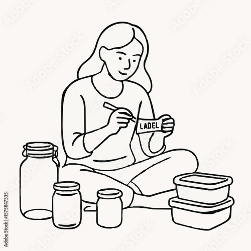 A woman labeling jars and containers with food items, sitting on the floor surrounded by preserves. Great for home organization, canning, healthy lifestyle, and DIY kitchen concepts.