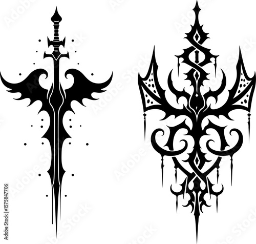 Indian tribal, tattoo, blade, sword, dagger, flame, abstract art bundle