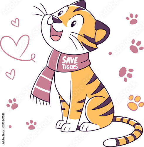 save tigers cartoon with heart and scarf