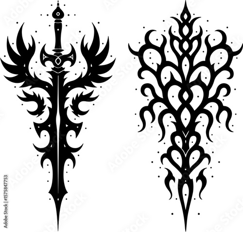 Indian tribal, tattoo, blade, sword, dagger, flame, abstract art bundle