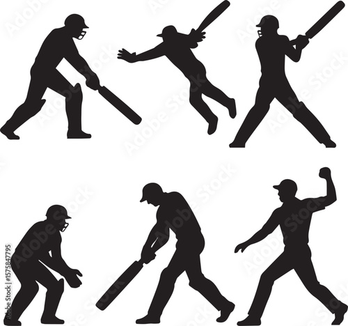 Multiple cricket players in action silhouettes against a light background in a graphic illustration
