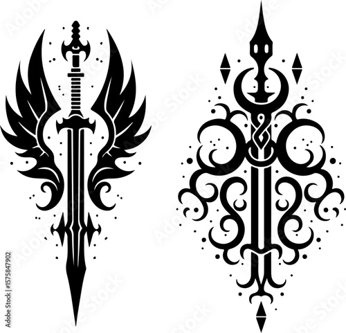 Indian tribal, tattoo, blade, sword, dagger, flame, abstract art bundle