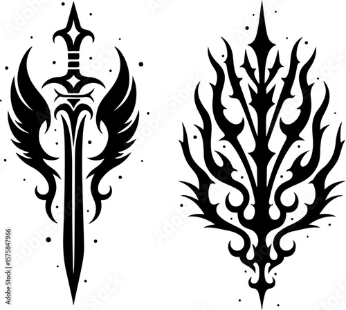 Indian tribal, tattoo, blade, sword, dagger, flame, abstract art bundle