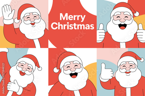 Cheerful Santa Claus cartoon illustration wishing everyone a Merry Christmas and happy holidays in a festive, colorful design.
