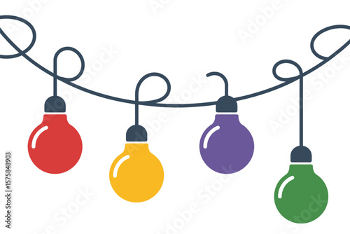 Decorative lightbulb string creates a festive feel with red, yellow, purple, and green bulbs against a crisp white backdrop.