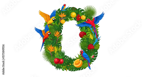 Vector tropical letter o design with parrots and exotic fruits vector illustration for decoration and design