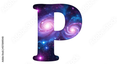Vector letter p galaxy space cosmic nebula stars universe astronomy celestial alphabet initial design graphic art