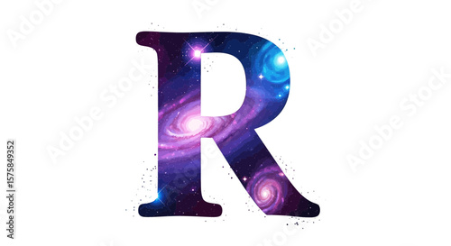 Vector letter r galaxy space cosmic nebula stars universe astronomy alphabet initial typography design graphic art