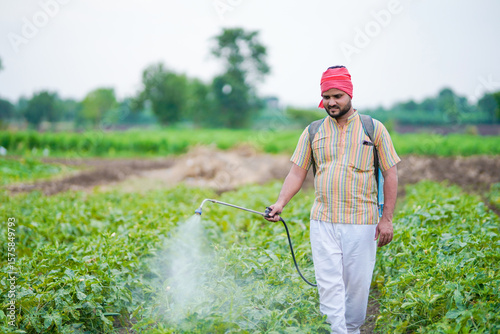 indian farmer spraying pesticide at green field