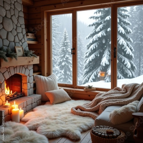 Scandinavian winter living room with fireplace and fluffy carpet. AI generative.