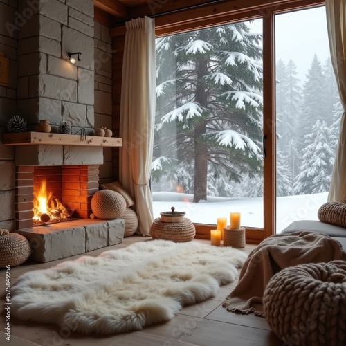 Scandinavian winter living room with fireplace and fluffy carpet. AI generative.