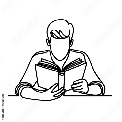 Linear depiction shows a person reading a book, useful for education or relaxation related designs, as a logo for a reading club, or for stationery projects.