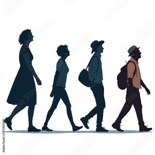 Diverse Group of People Walking Silhouettes, Side View