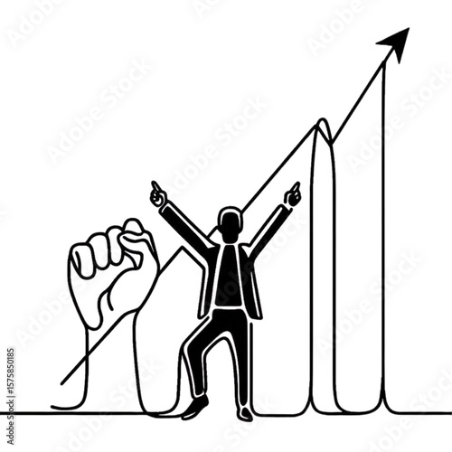Upward trending line art features a celebrating figure with an arrow graph and hand symbol for success and growth.