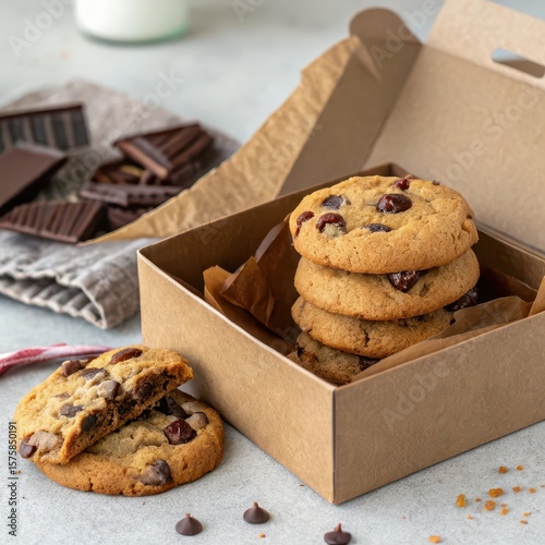Stack of freshly baked chocolate chip cookies in a cardboard gift box, surrounded by chocolate chunks and cookie crumbs on a table.