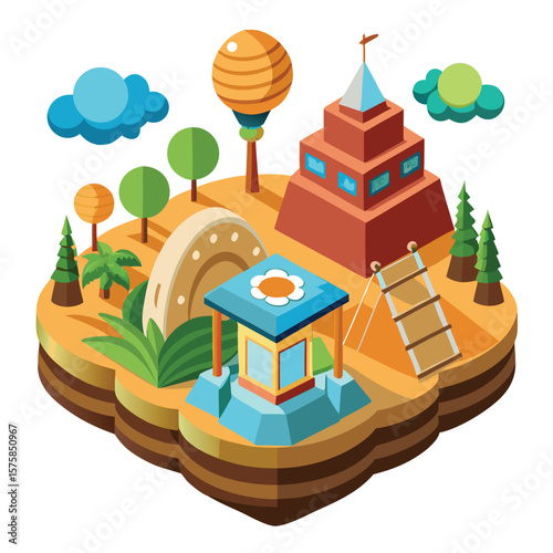 Isometric illustration of a whimsical island with a hot air balloon, building, trees, and a gazebo
