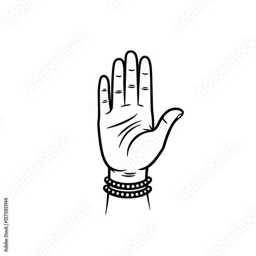 Hand raised with beaded bracelets line art design silhouette