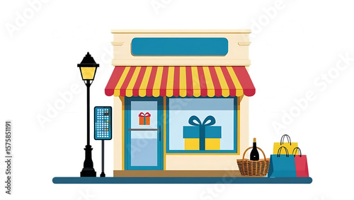 Charming storefront with awning gifts shopping bags and street lamp isolated on transparent background