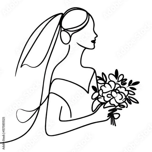 Elegant bride one line drawing, minimalist design for wedding invitations and bridal shower cards with floral bouquet accent.