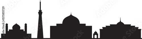 Black silhouette of diverse architectural structures against a white background architecture building