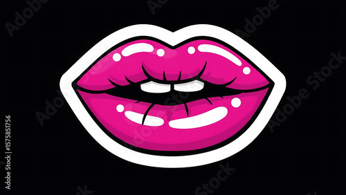 Wallpaper Mural Pop Art Pink Lips with Glossy Highlights on a Black Background, a Vibrant and Modern Design. Torontodigital.ca