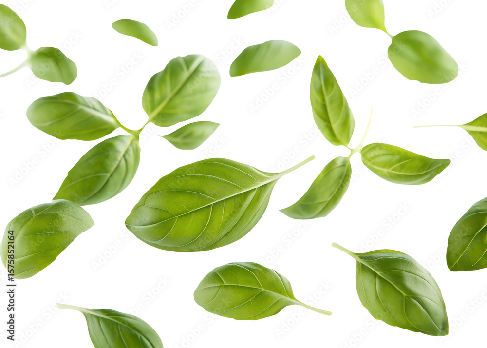 Floating fresh basil leaves isolated on transparent background Floating fresh basil leaves isolated on transparent background