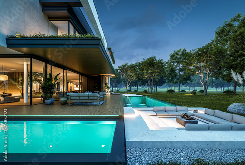3d rendering of two-story house with parking and pool for sale or rent with concrete facade and beautiful landscaping. Clear summer night with many stars on the sky
