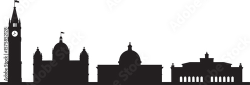 Cityscape silhouette featuring clock tower domes and arches black white