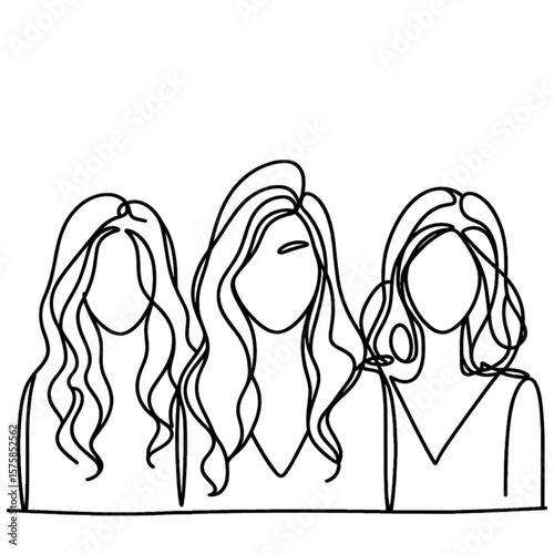 Line art portrait features three women, ideal for designs requiring minimalist elegance and conveying themes of friendship, beauty, and feminine power.