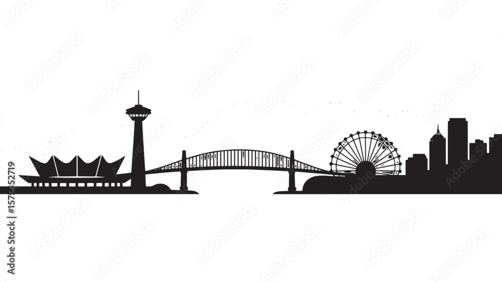 Obraz premium Iconic cityscape with Ferris wheel and observation tower skyline silhouette