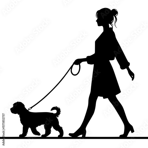 Woman walking dog icon, black silhouette, side view with leash, minimal casual clipart
