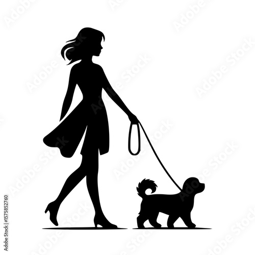 Woman walking dog icon, black silhouette, side view with leash, minimal casual clipart
