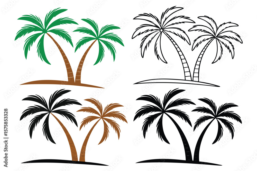 Fototapeta premium Stylized Palm Tree Illustrations in Green Brown Black and Outline