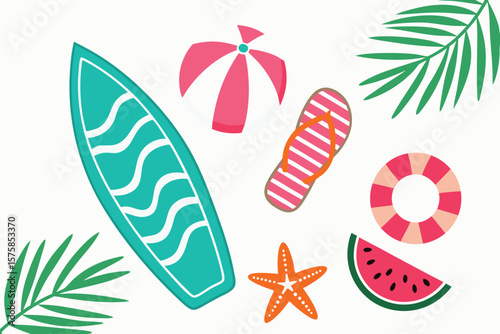 Summer Beach Vacation Elements Illustration surfboard