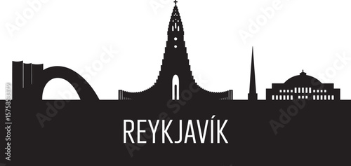 Reykjavik skyline silhouette with iconic buildings and text architecture