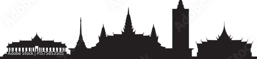 Silhouette of diverse architectural structures with ornate roofs and spires architecture building