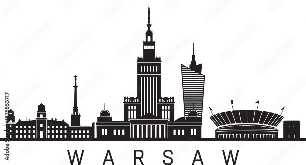 Fototapeta premium Warsaw skyline cityscape with iconic buildings and stadium architecture