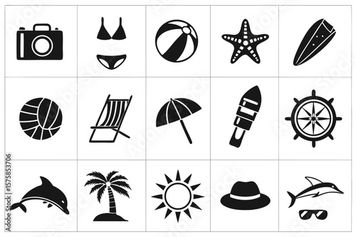 Summer Icons Set: Camera Bikini Ball Starfish Surfboard Volleyball Chair Umbrella