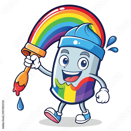 Cartoon paint can with a rainbow hat and paintbrush
