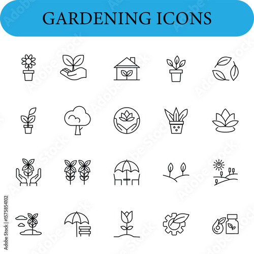 Gardening icon set. Elements include potted plants, a hand holding a sprout, a house, leaves, trees, a flower within a circle, and a coffee plant icon.