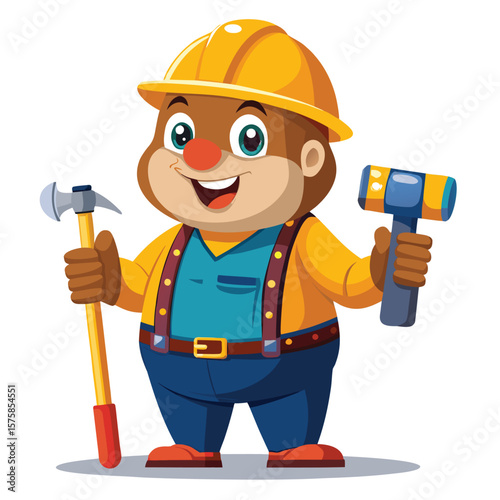 Cartoon construction worker character holding tools