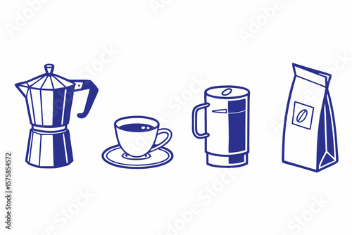 Minimalist Blue Coffee Icons: Moka Pot, Cup, Mug, and Bag