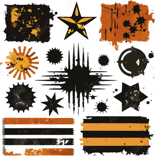 Collection of grunge and distressed graphic elements featuring stars splatters and stripes isolated on transparent background
