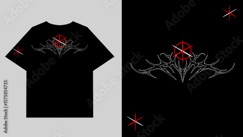 Tribal emblem vector design with red accent on black tee. edgy streetwear style perfect for gothic or metal-inspired fashion.
