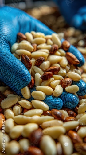 Hands filled with assorted nuts in a processing facility during daylight hours