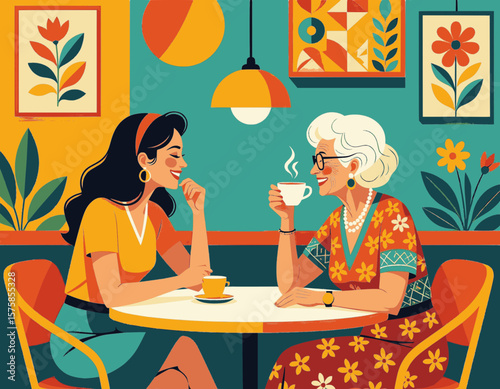dos mujeres de distinta edad tomando cafe en un restaurante. vector 12 colores