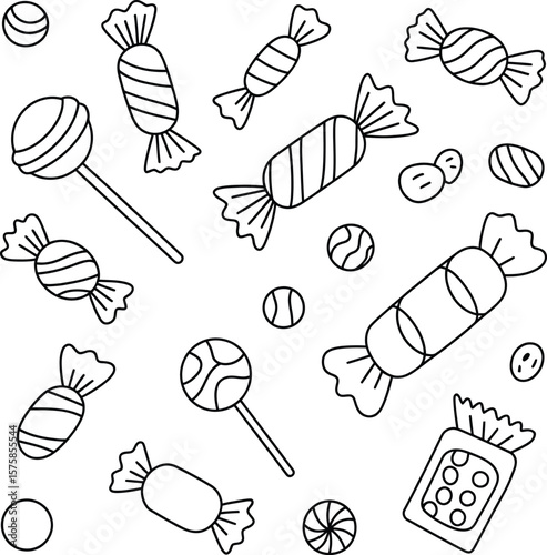 Vector Sweets & Candies Outline Set: A Delightful Collection of Lollipops and Wrapped Confections.