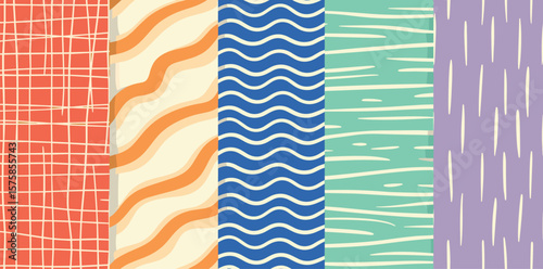 Hand drawn geometric seamless regular patterns set, collection. Doodle, uneven artistic lines, straight and diagonal pinstripes, stripes, bars, streaks, waves. Check, plaid, striped square backgrounds